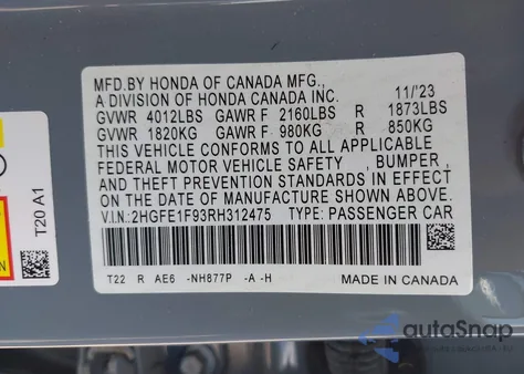 2024 Honda Civic Touring from USA, damaged, VIN 2HGFE1F93RH312475